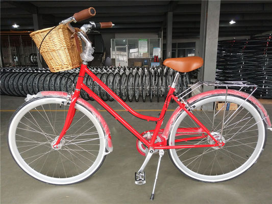 Vintage Lady Bike with Basket Red Color Low Step Through Hybrid 5 Speed Comfort Cruiser